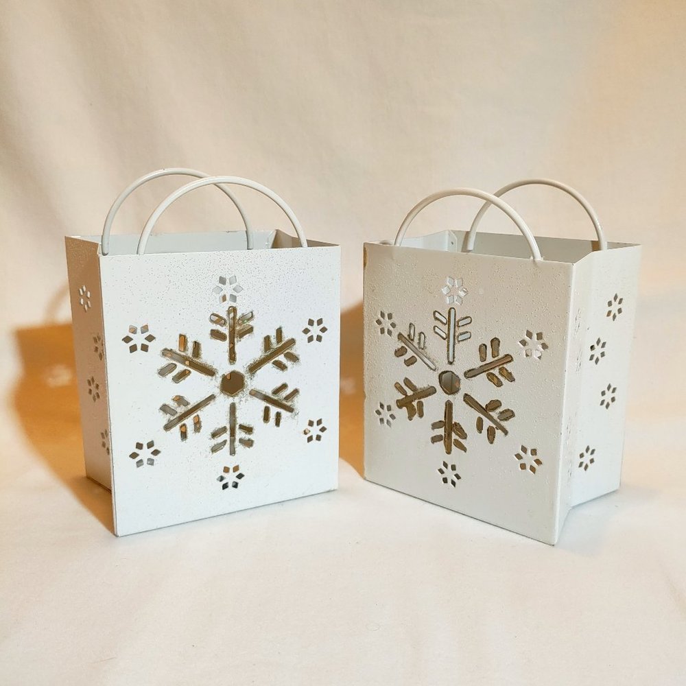 White Metal Christmas Luminaria Bag Snowflake Votive Tealight Holders Set of 2